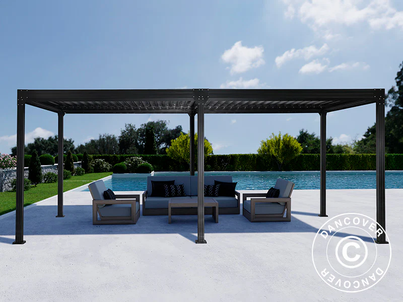 Bioklimatischer Pergola-Pavillon Monterey, 3x6m, mit Vorhängen und Moskitonetz, Schwarz - Imagen 6