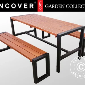 Picknicktisch mit 2 Bänken, 166x70cm/150x30cm, Dunkles Holz/Schwarz